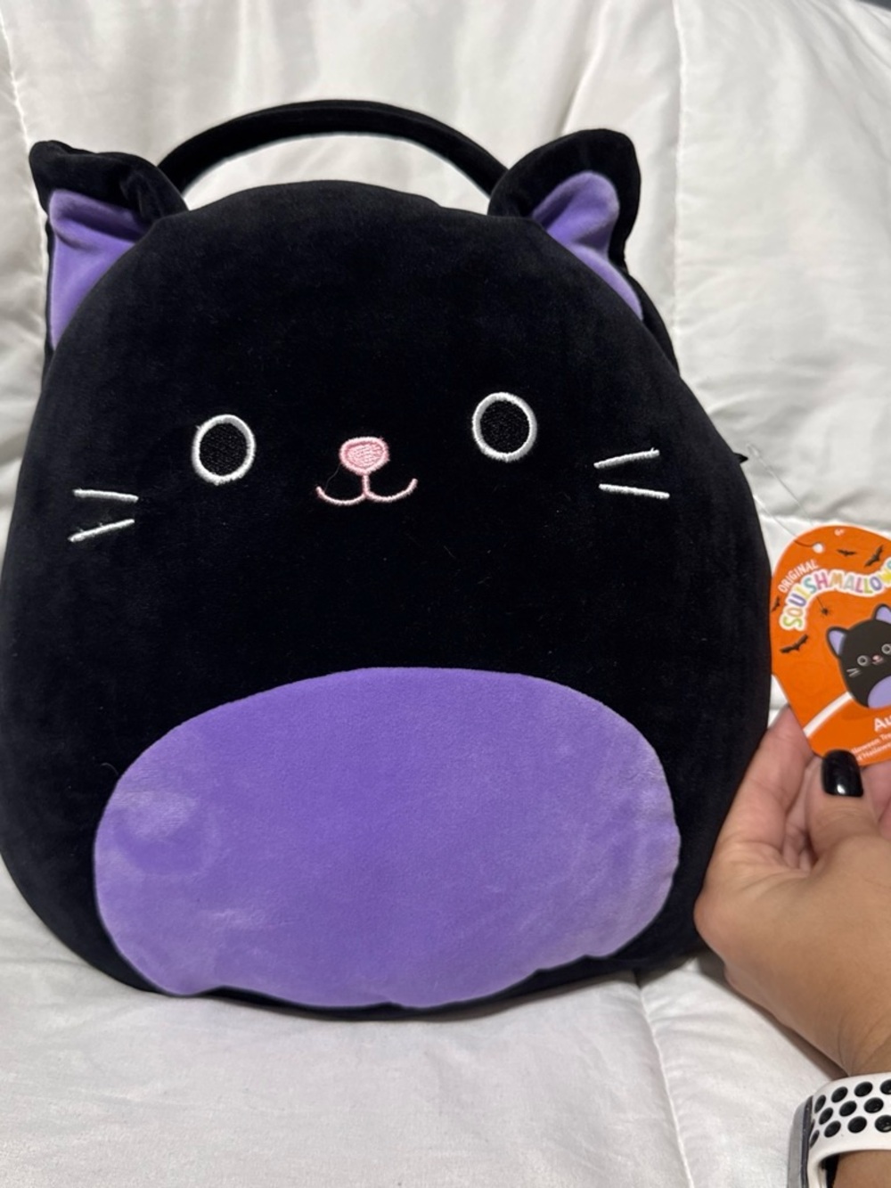 Squishmallows Black and Purple Cat Plush Backpack with Pink Nose